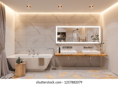 Interior design of a bathroom, 3d illustration. The interior is designed in a Scandinavian style.