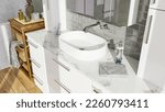 interior design of bathroom vanity white cabinet with quartz counter and ceramic glass backsplash tiles, Various bathroom gadgets, porcelain floor and marble walls tiling remodel ideas, 3d render