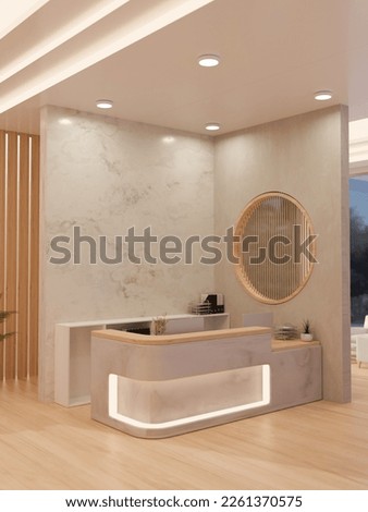 Interior design of a beautiful elegance reception area with luxury white marble counter and wall, hardwood floor and decor. beauty salon reception counter, hotel lobby. 3d render, 3d illustration