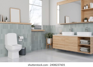Decoración interior de un bonito cuarto de baño moderno y limpio con wc, lavabo doble, espejo, suelo y pared de baldosas y decoración. 3d representaciones, 3d ilustraciones