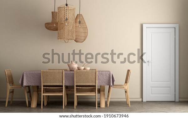 Interior design of beige dining room with stylish\
modular wooden chairs, wooden tables, plants, neutral room divider,\
decoration and elegant accessories. Modern tropical home decor,3d\
render