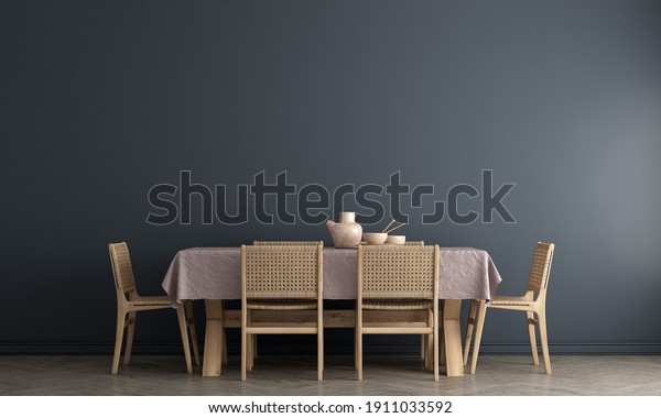 Interior design of blue dining room with stylish\
modular wooden chairs, wooden tables, plants, neutral room divider,\
decoration and elegant accessories. Modern tropical home decor,3d\
render