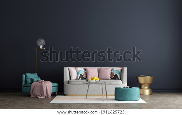 \
Interior design of blue living room with stylish\
modular beige sofa, coffee tables, plants, pillows, plaid, neutral\
room divider, decoration and elegant accessories. Modern home\
decor. 3d render\
