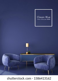 Interior Design For Classic Blue Color Trend 2020,3d Rendering,3d Illustration