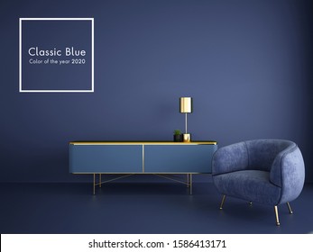 Interior Design For Classic Blue Color Trend 2020,3d Rendering,3d Illustration