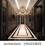 Interior design of a classic hall corridor with. dark hardwood black frame wall, marble floor black and white, decorated with a ceiling and chenderliar. 3D rendering, 3D illustration