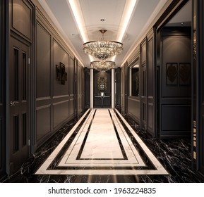 Interior design of a classic hall corridor with. dark hardwood black frame wall, marble floor black and white, decorated with a ceiling and chenderliar. 3D rendering, 3D illustration