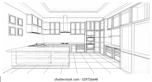 Interior design of classic style kitchen with modern appliance, 3D wire frame sketch, perspective
