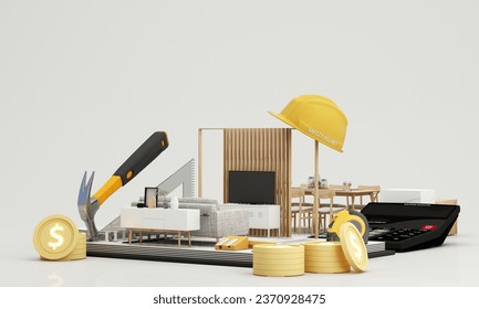 interior design concept of the contractor and construction cost estimation Through pictures of living rooms Surrounded by carpentry equipment for renovations, safety first. cartoon style. 3d render - Powered by Shutterstock