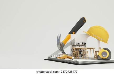 interior design concept of the contractor and construction cost estimation Through pictures of living rooms Surrounded by carpentry equipment for renovations, safety first. cartoon style. 3d render - Powered by Shutterstock