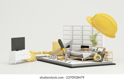 interior design concept of the contractor and construction cost estimation Through pictures of living rooms Surrounded by carpentry equipment for renovations, safety first. cartoon style. 3d render