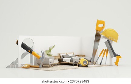 interior design concept of the contractor and construction cost estimation Through pictures of living rooms Surrounded by carpentry equipment for renovations, safety first. cartoon style. 3d render - Powered by Shutterstock