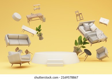 interior design concept Sale home decorations   furniture During promotions   discounts  it is surrounded by beds  sofas  armchairs   advertising spaces banner  pastel background  3d render