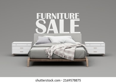 Interior Design Concept Sale Of Home Decorations And Furniture During Promotions And Discounts, It Is Surrounded By Beds, Sofas, Armchairs And Advertising Spaces Banner. Pastel Background. 3d Render