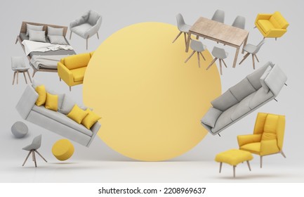 interior design concept Sale home decorations   furniture During promotions   discounts  it is surrounded by beds  sofas  armchairs   advertising spaces banner  pastel background  3d render