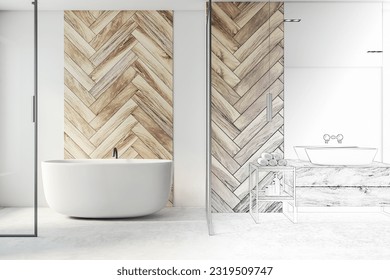 Interior design concept with sketch and visualization of modern light bathroom project. 3D Rendering