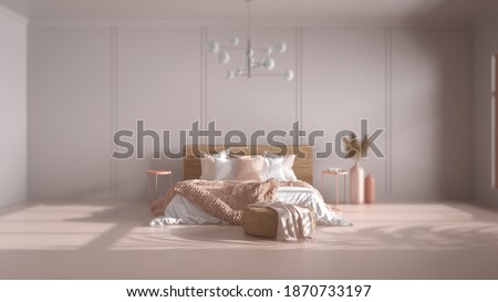 Interior design depth of field, classic background with copy space: empty bedroom, double bed with blanket, linens, pillows, pouf, decor and chandelier. Home and hotel suite concept, 3d illustration