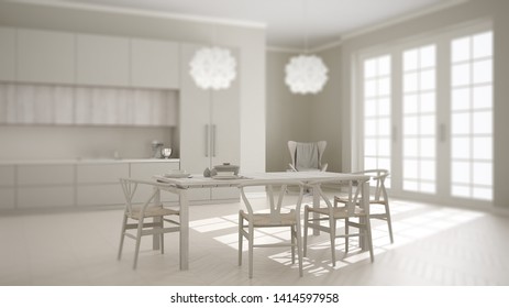 Interior Design Depth Of Field, Contemporary Scandinavian Classic White Kitchen With Wooden And Gray Details, Modern Architecture Concept Idea, 3d Illustration