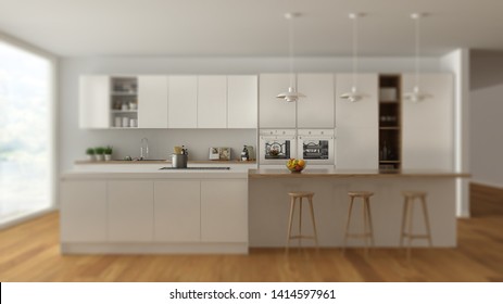 Interior Design Depth Of Field, Contemporary Scandinavian Minimalist White Kitchen With Wooden And White Details, Modern Architecture Concept Idea, 3d Illustration