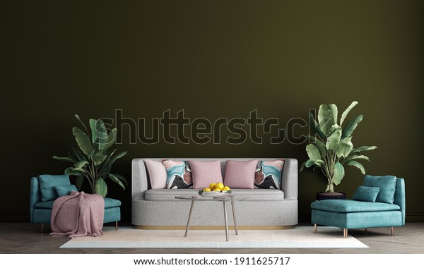 \
Interior design of green living room with stylish\
modular beige sofa, wooden coffee table, plants, pillows, neutral\
room divider, decoration and elegant accessories. Modern home\
decor. 3d render\
