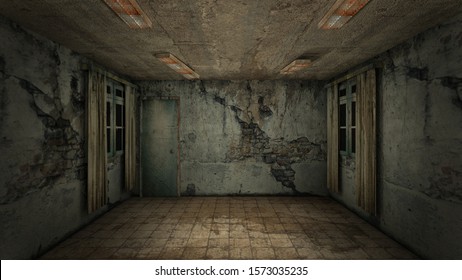 The Interior Design Of Horror And Creepy Damage Empty Room., 3D Rendering.