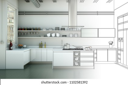 Interior Design Kitchen Drawing Gradation Into Photograph 3D Illustration