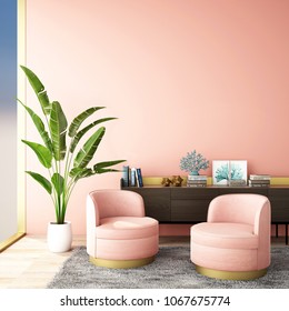 interior design for living area or reception with grey carpet , armchair,plant,cabinet on wood floor and pink background  / 3d illustration,3d rendering