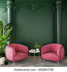 interior design for living area or reception with grey carpet , armchair,plant,cabinet on wood floor and classic green color background / 3d illustration,3d rendering
