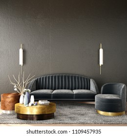interior design for living area or reception with grey carpet , armchair,plant,cabinet on wood floor and concrete background / 3d illustration,3d rendering