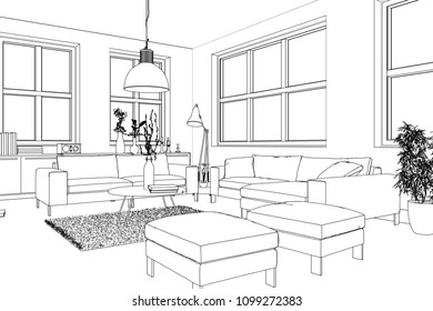 Interior Design Living Room Drawing 3d Stock Illustration 1099272383 ...