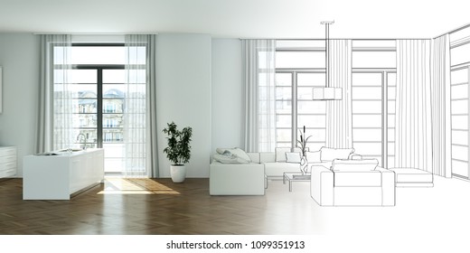 Interior Design Living Room Drawing Gradation Into Photograph 3D Illustration