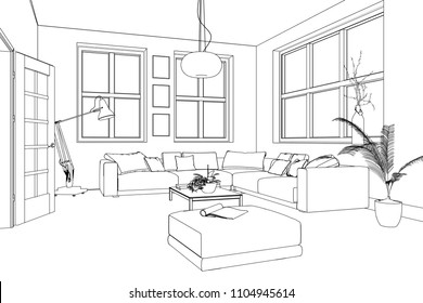 Interior Design Living Room Drawing 3d Stock Illustration 1104945611