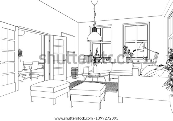 Interior Design Living Room Drawing 3d Stock Illustration