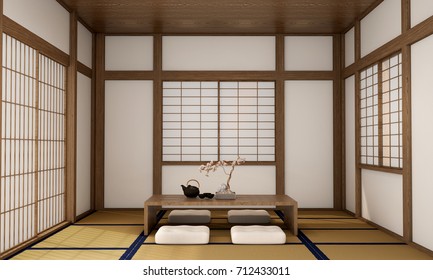 interior design living room with table,wood floor,was designed specifically in Japanese style, 3d illustration, 3d rendering