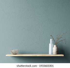 Interior Design Of Living Room With Wooden Shelf And Home Accessories.  Wall Decor With Branch In Vase. Turquoise Wall With Copy Space. Modern Home Decoration. Background Template. 3d Rendering