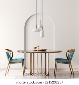 Interior Design With Marble Round Table And Blue Chairs. Modern Dining Room With Beige Wall. Cafe, Bar Or Restaurant Interior Design. Home Interior With Pendant Light. 3d Rendering