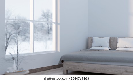 The interior design of a minimalist bedroom features a comfortable bed by the window with a winter snow view. 3d render, 3d illustration - Powered by Shutterstock