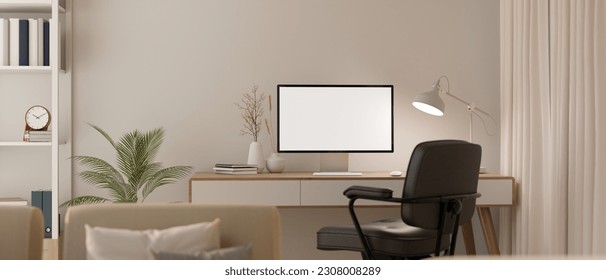 Interior design of minimalist white workspace in living room with computer white screen mockup on a minimal wood table against the white wall, shelf, indoor plant and decor. 3d render, 3d illustration