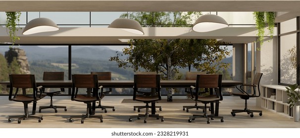 Interior design of a modern, contemporary, eco-friendly, spacious meeting room with a meeting table, chairs, stylish pendant lights, indoor plants, and a large glass window. 3d render, 3d illustration - Powered by Shutterstock