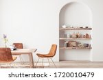 Interior design of modern dining room with orange furniture and wooden table, Scandinavian style, 3D render, 3D illustration