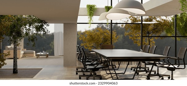 Interior design of a modern, eco-friendly, spacious meeting room with a modern dark meeting table, stylish pendant lights, a tree, and amazing large glass window. 3d render, 3d illustration - Powered by Shutterstock