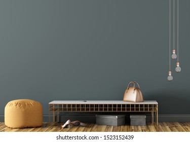 Interior Design Of Modern Hallway With Bench And Ottoman Against Dark Blue Wall With Copy Space 3d Rendering