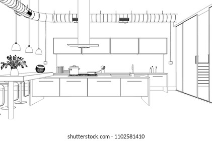 Interior Design Modern Kitchen Drawing Plan Stock Illustration ...