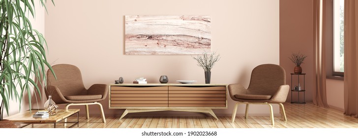 Interior Design Of Modern Living Room. Wooden Sideboard And Two Armchairs, Home 3d Rendering