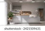 Interior design of modern loft coffee shop cafe with counter, espresso machine, cash register, cake display, beverage fridge in sunlight from glass door for restaurant decoration background 3D