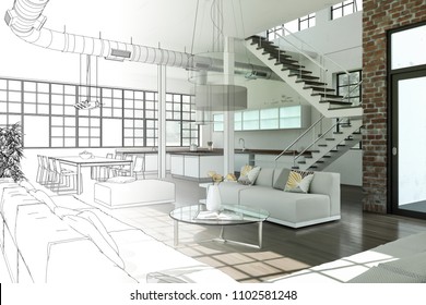 Interior Design Modern Loft Drawing Gradation Into Photograph 3D Illustration