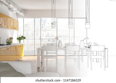 Interior Design Modern Loft Drawing Gradation Into Photograph 3D Illustration