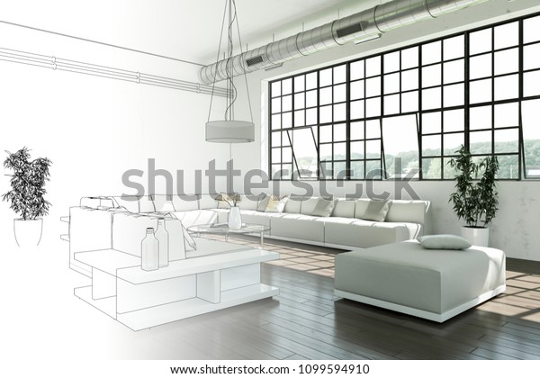 Interior Design Modern Loft Drawing Gradation Stock Illustration ...