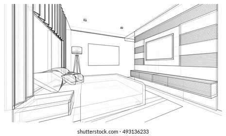 Interior design of modern style bedroom, 3D wire frame sketch, perspective