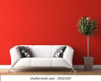 Interior Design Of Modern White Couch On Red Wall Background